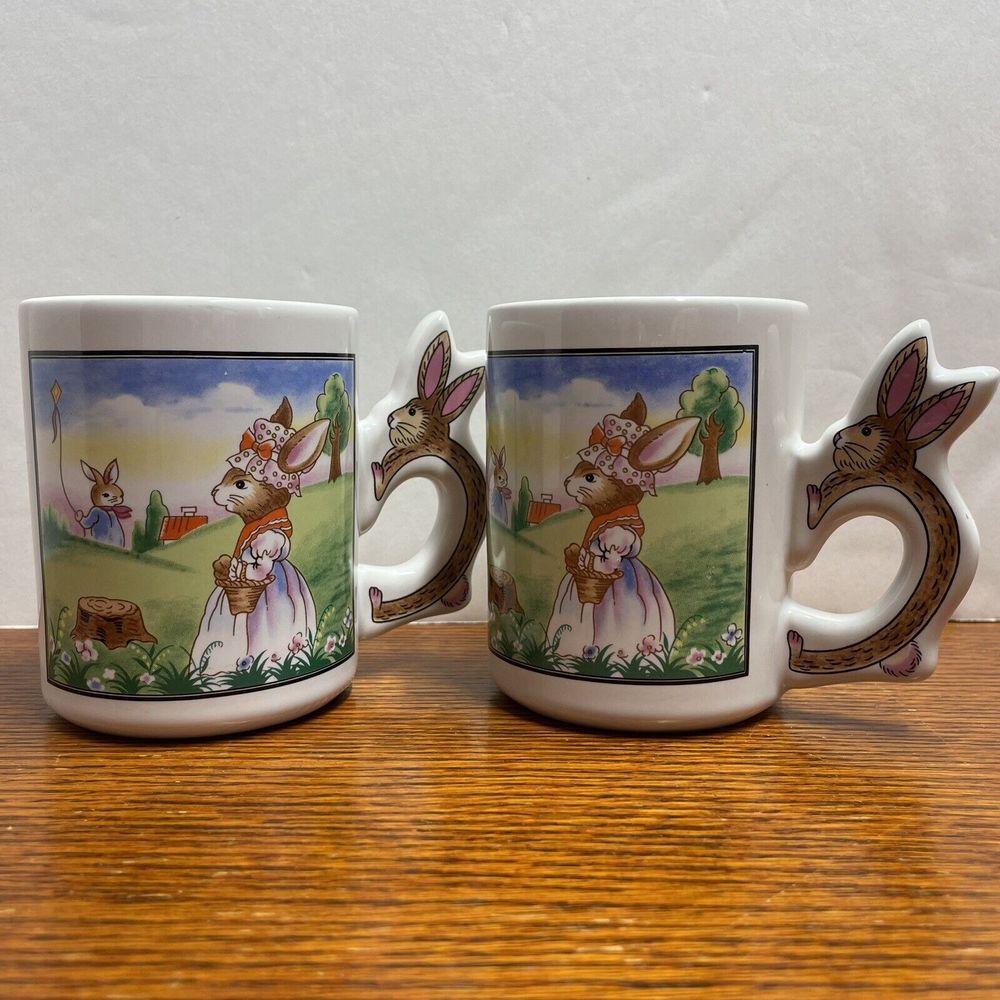 Bunny Rabbit Mugs Set Easter Spring Decor Coffee Tea‎ Mug Novelty Handle